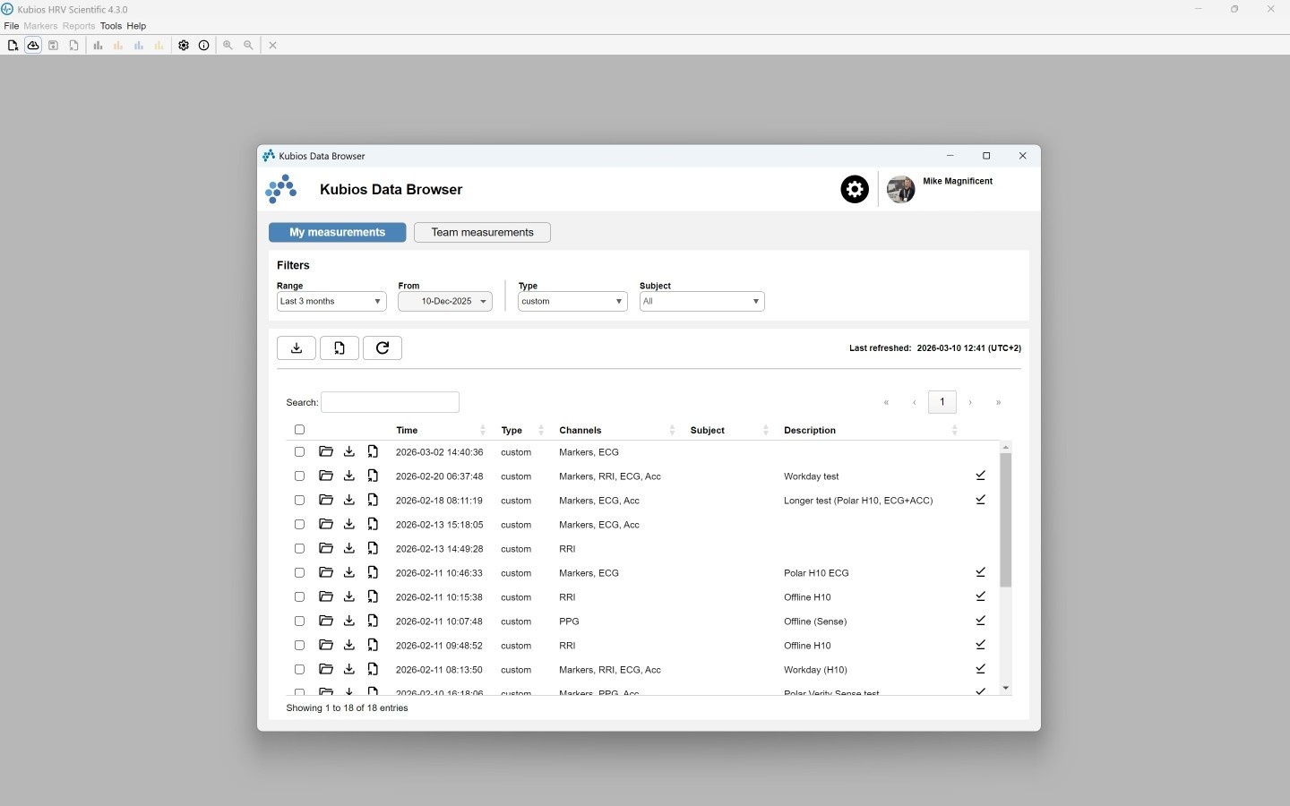Kubios HRV Scientific: Data Browser für App-Messungen