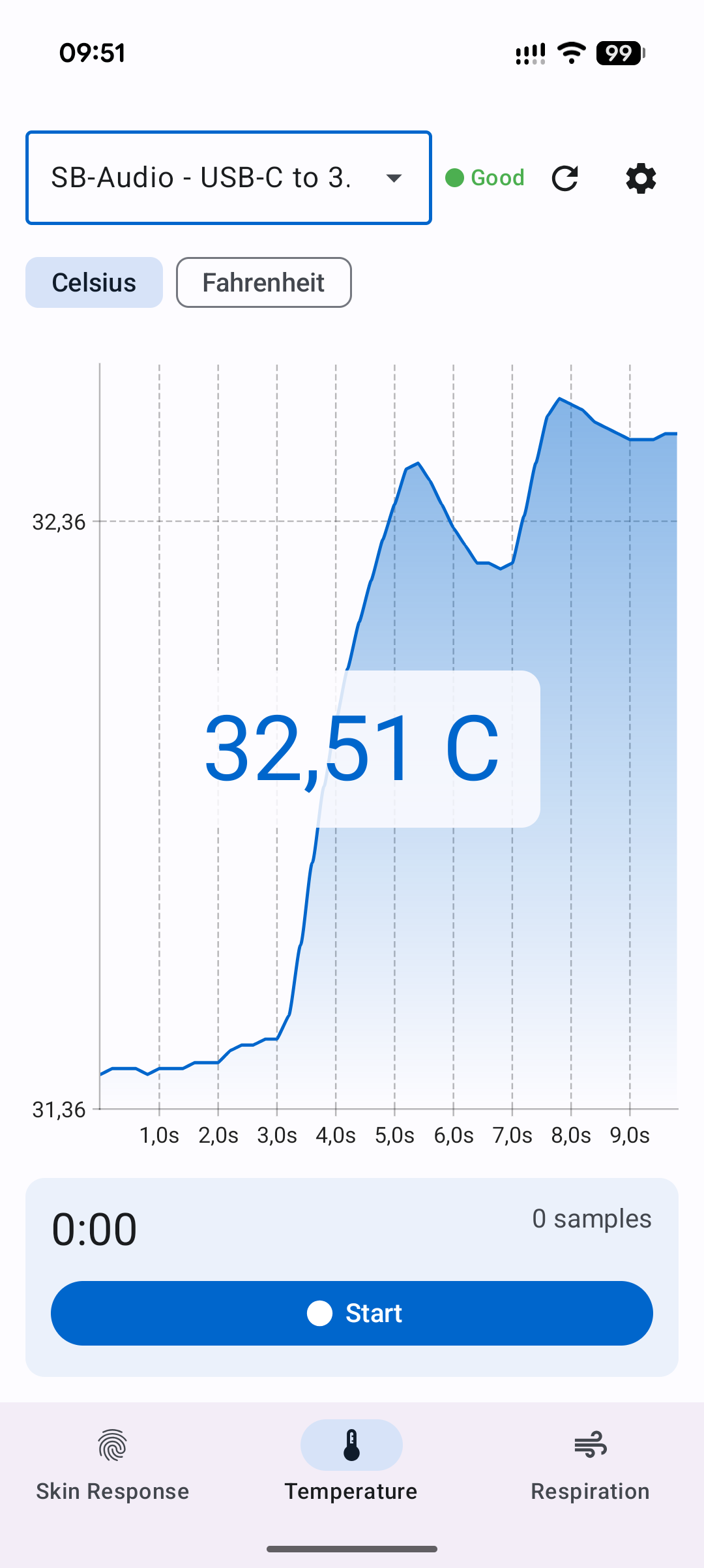eSense SDK Android Demo – Hauttemperatur in Grad Celsius