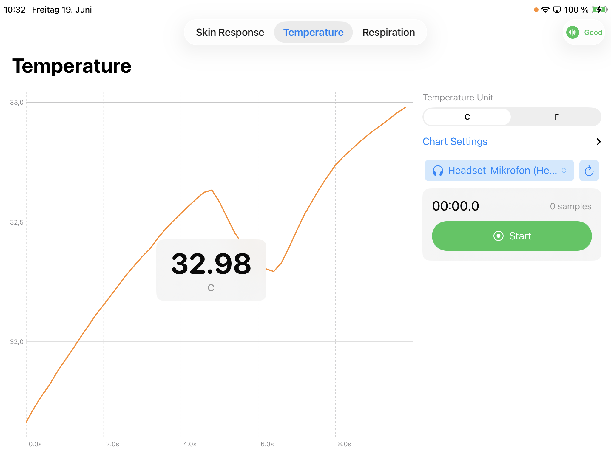 eSense SDK iOS demo – skin temperature in Celsius