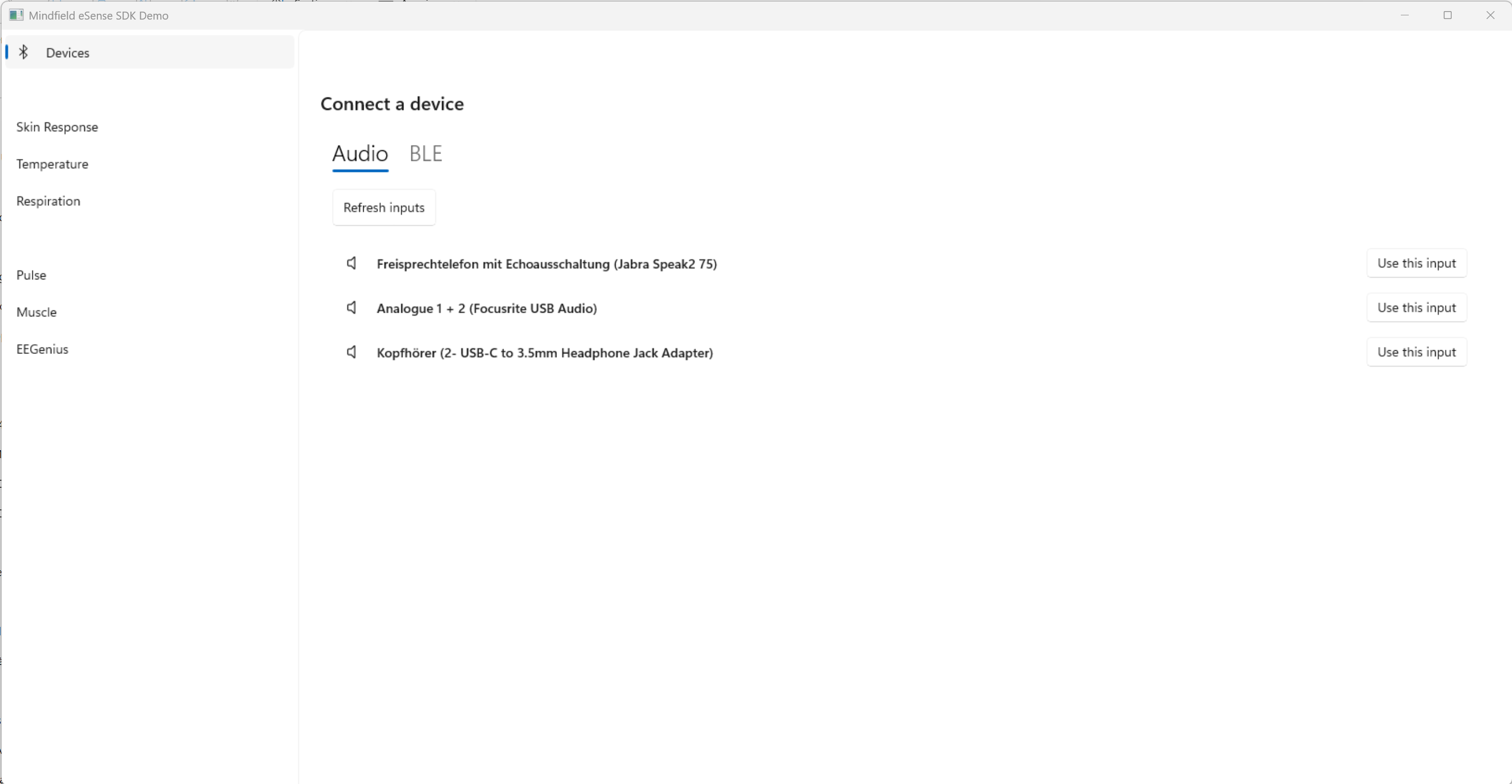 eSense SDK Windows demo – audio and Bluetooth device picker