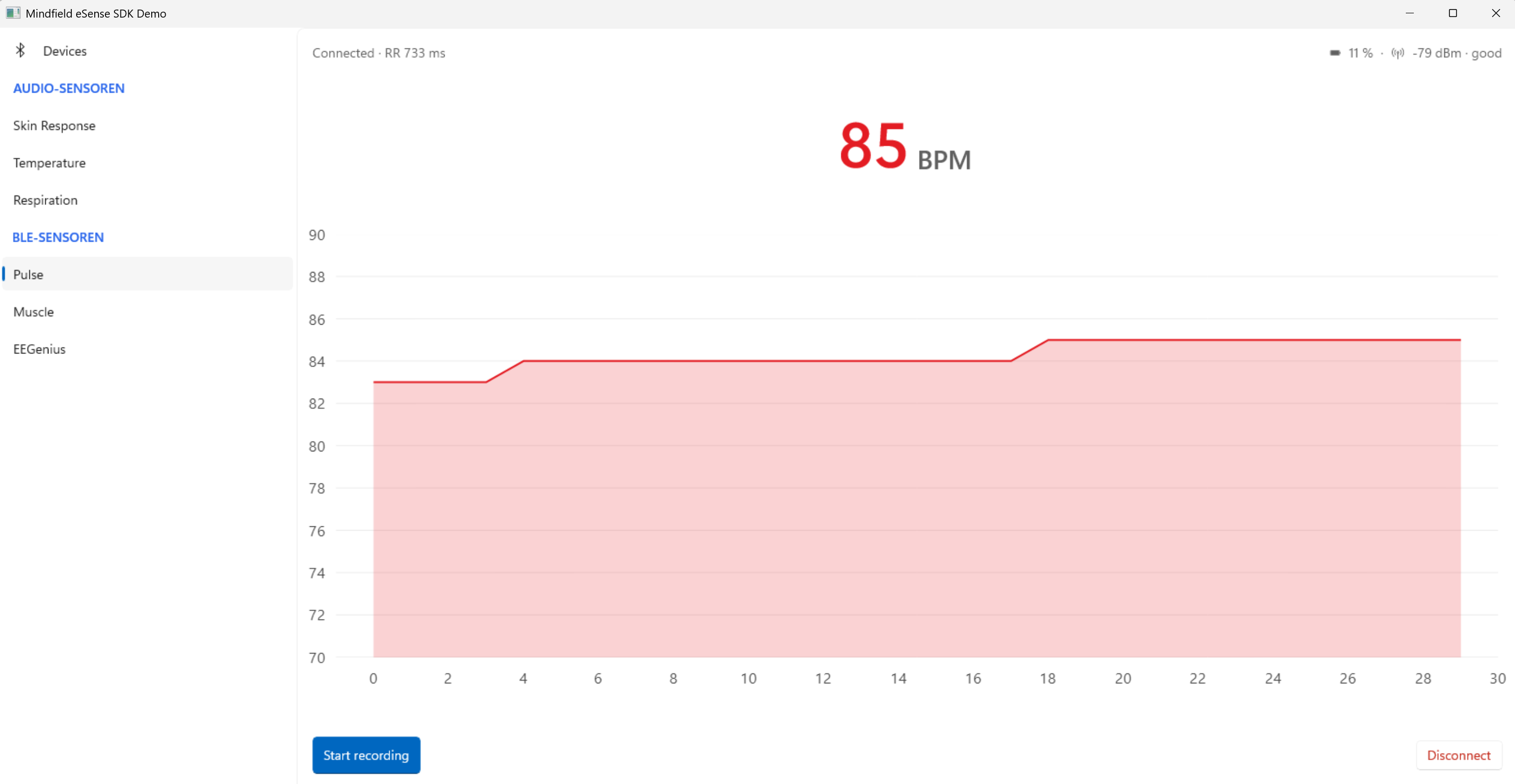 eSense SDK Windows demo – heart rate in BPM