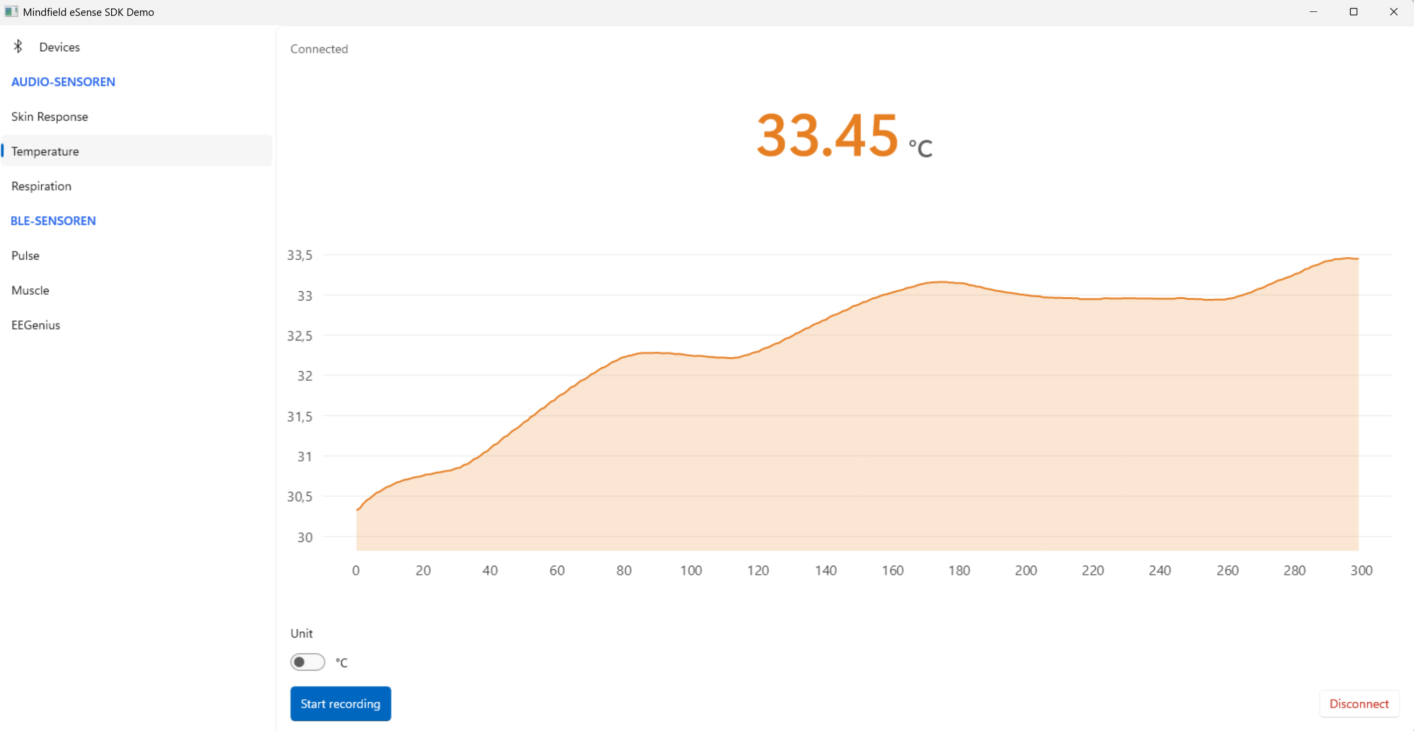 eSense SDK Windows demo – skin temperature in Celsius
