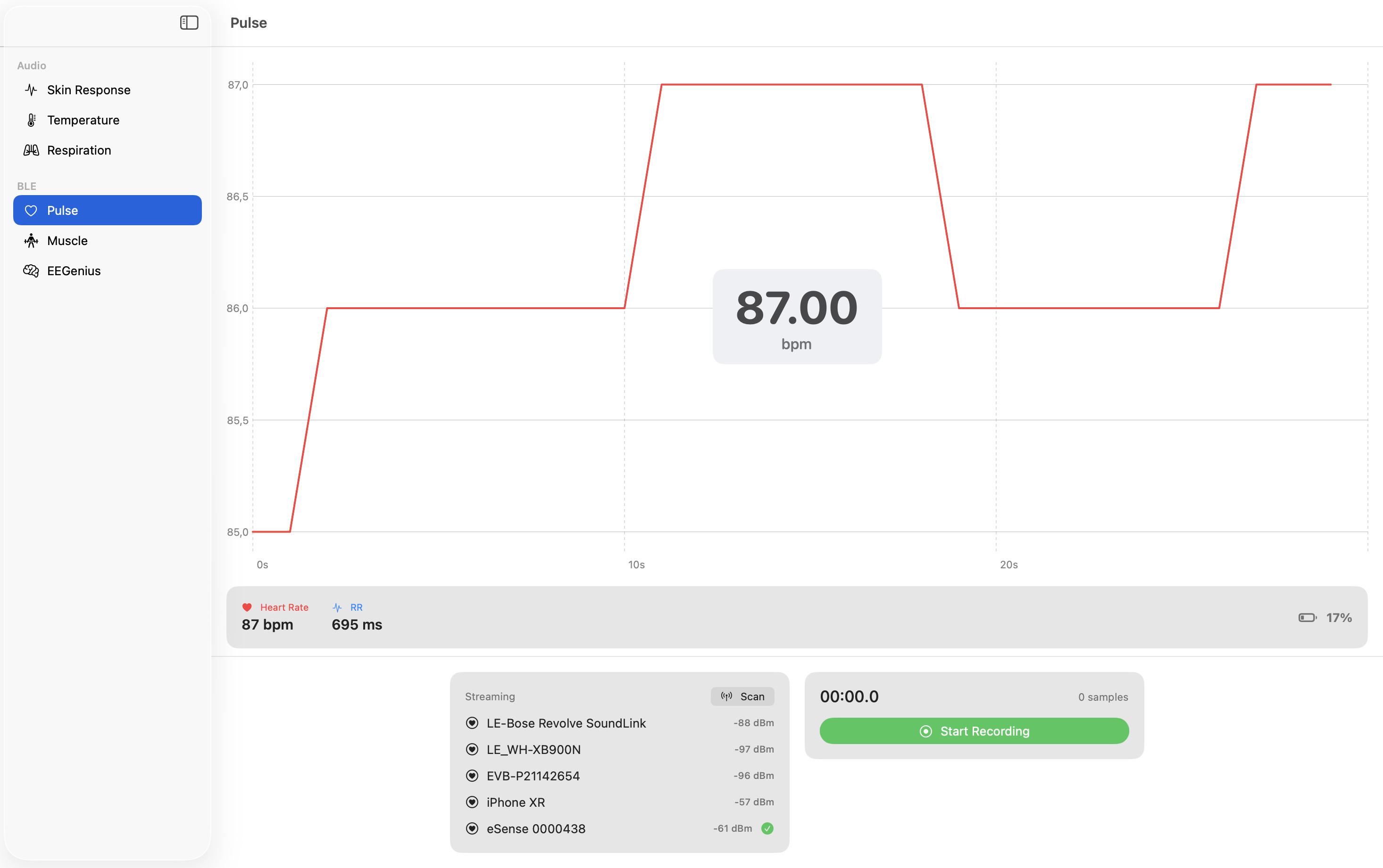 eSense SDK macOS Demo – Puls (BLE) in bpm mit Herzrate und RR-Intervall
